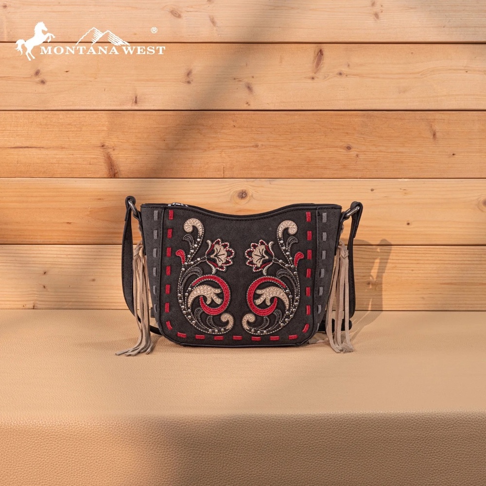 Montana West Black Crossbody Bag with Red and Tan Embroidery NWT
